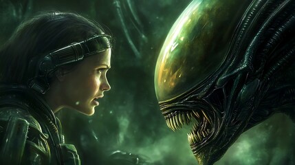 Woman facing an alien creature in a dark, ominous environment. Concept of fear, danger, and the unknown.