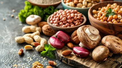 Assortment of Nuts, Seeds, and Mushrooms on a Rustic Wooden Board