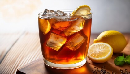 Wall Mural - a photo of a refreshing glass of iced tea made with brewed black tea lemon and a touch of sweetness