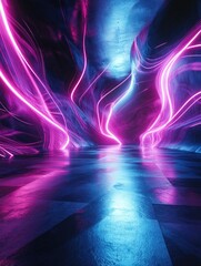 Poster - Fantasy 3D render featuring an abstract neon background with dynamic glowing lines in a dark space highlighted by reflective floor surfaces