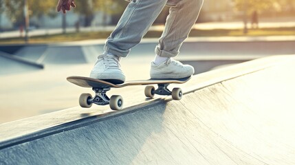 Wall Mural - A skateboarder performing tricks on a ramp in a skate park during sunset.