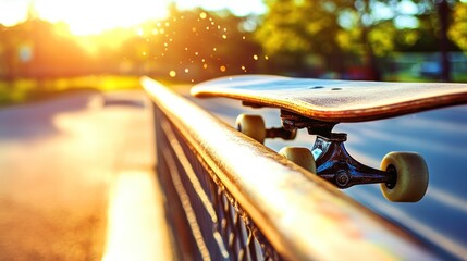 Wall Mural - Skateboard resting on a railing during sunset, capturing a moment of leisure and sport.