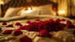 © B 7 YOU - A bouquet of red roses and petals on a beige bedspread with a blurred background of pillows.