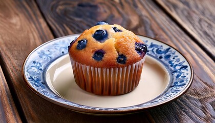 a freshly baked blueberry muffin sits on a vintage plate with blue floral designs resting on a reclaimed wood surface