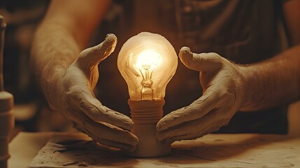 Clay Hands Holding Light Bulb Idea