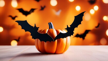 halloween cartoon pumpkin with bats on a table orange and black autumn holiday celebration