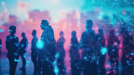 Poster - silhouettes of people walking through a network of glowing lines.