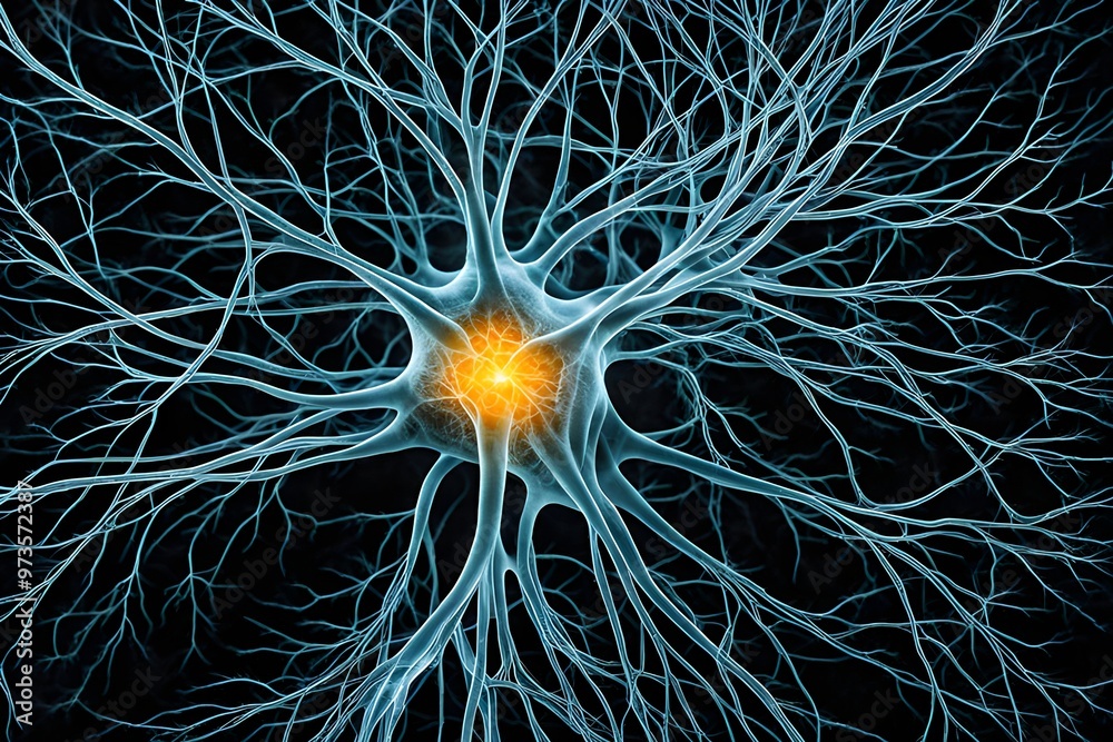 Neural network on a dark blue background with light effects. 3D ...