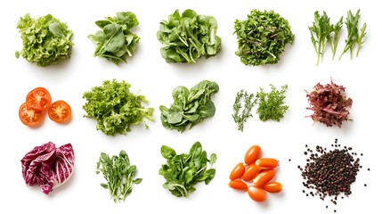 A variety of fresh salad ingredients beautifully arranged on a white background, including greens, vegetables, and toppings, all in sharp, vibrant detail