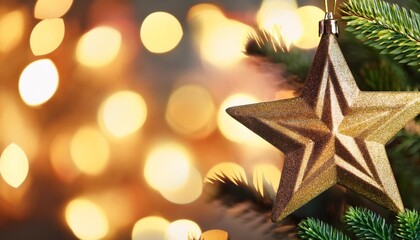 close up of a gold star ornament on a christmas tree with bokeh lights in the background