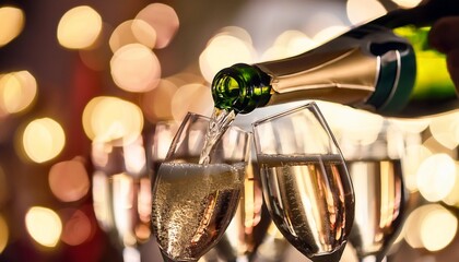 close up image of champagne being poured into elegant glasses with a sparkling bokeh background celebrations festive events and luxury lifestyle themes