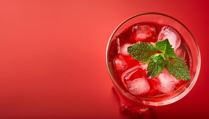 Wall Mural - refreshing red drink with mint and ice on red background