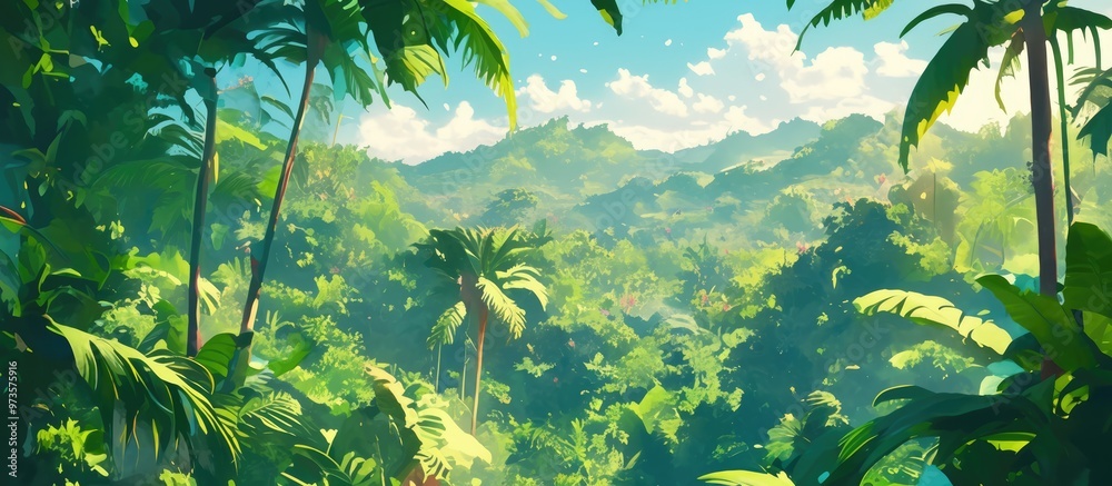 Vibrant painting of a lush green jungle featuring palm leaves and trees ...