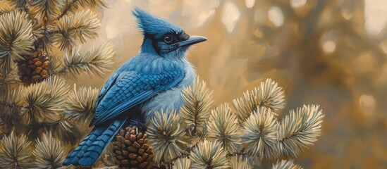 painting of a blue stellar jay bird resting on a pine tree in a natural setting