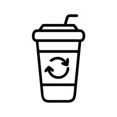 Reusable coffee cup with recycling symbol and straw on white background