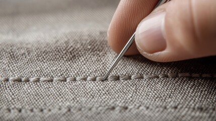 Canvas Print - A person is sewing a piece of fabric with needle and thread, AI