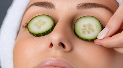 Sticker - A woman with cucumber slices on her eyes getting a facial, AI