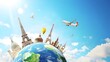 © Jirapron - A vibrant illustration of global travel featuring famous landmarks, an airplane, and a hot air balloon soaring above the Earth.