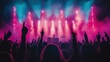 © B 7 YOU - Crowd of people cheering at a concert with pink and blue lights.