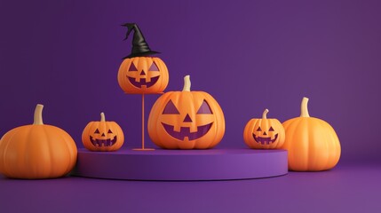 Wall Mural - large pumpkins next to an empty orange platform against a smooth purple background, perfect for fall-themed displays.