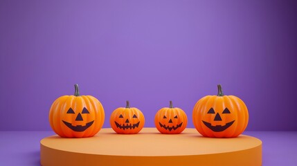 Wall Mural - large pumpkins next to an empty orange platform against a smooth purple background, perfect for fall-themed displays.