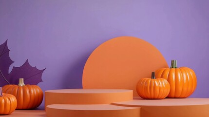 Wall Mural - large pumpkins next to an empty orange platform against a smooth purple background, perfect for fall-themed displays.