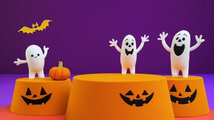 Wall Mural - Halloween decorations featuring jack-o-lanterns, a ghost, and bats on a purple and orange display platform, creating a fun holiday scene.