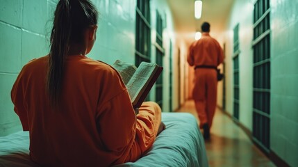 A female prisoner in an orange jumpsuit sits on a bed in a prison corridor, reading a book, while another prisoner walks down the hallway in the distance.