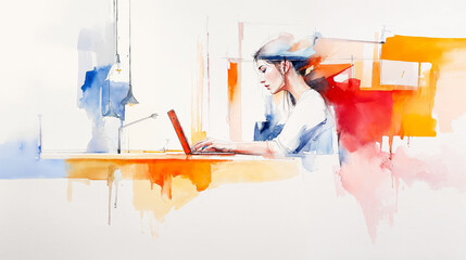 Watercolor Professional Woman Laptop