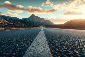 Wall Mural - Asphalt highway road and mountain with sky clouds at sunset, ai