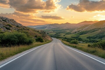 Wall Mural - Asphalt highway road and mountain with sky clouds at sunset, ai