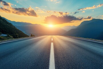 Wall Mural - Asphalt highway road and mountain with sky clouds at sunset, ai