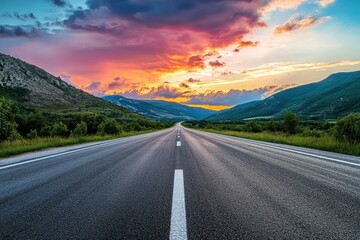 Wall Mural - Asphalt highway road and mountain with sky clouds at sunset, ai