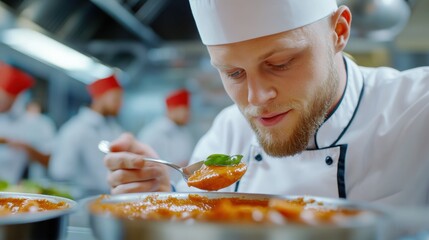 Wall Mural - A chef in a white hat is preparing food with his spoon, AI