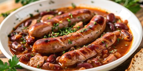 Canvas Print - Tomato Paste Stew with Red Beans and Sausages in a Light Dish