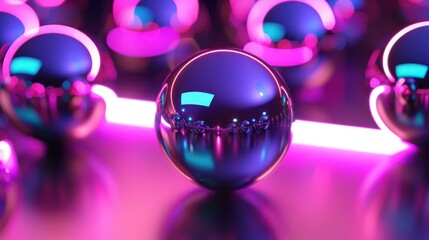 Wall Mural - Shiny purple sphere in a pink neon light reflection.