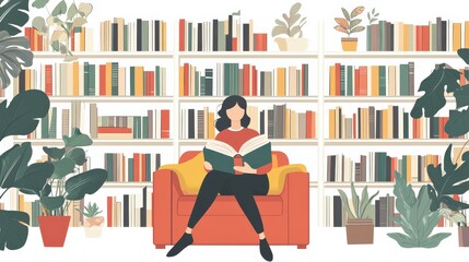 Wall Mural - Cozy Reading Time - Minimalist Vector Illustration of Person Reading Book in Colorful Library Setting on White Background