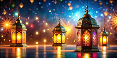 Vibrant Eid ul adha festival lanterns illuminating the background, Islamic, Muslim, Celebration, Tradition, Festive