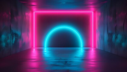 Wall Mural - Neon-lit empty room with vibrant pink, blue, and green glow, perfect for background or mock-up ideas in a dark ambiance created by Generative AI