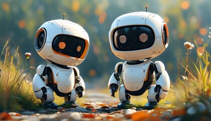 Charming Art Illustration Featuring Two Adorable Robots in a Generative AI Style