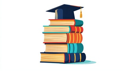 Wall Mural - Academic Achievement - Minimalist Vector Illustration of Colorful Stack of Books with Graduation Cap in 2D Flat Style