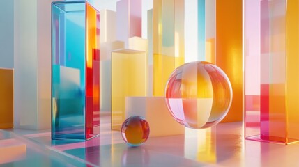 Wall Mural - Colorful glass cubes and spheres creating a modern, abstract scene with reflections.