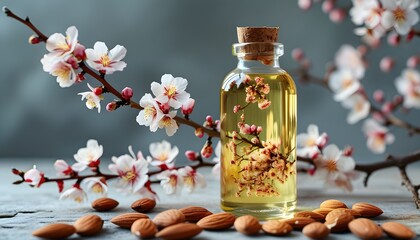 Wall Mural - Almond Oil Elegance Captured in a Glass Bottle with Delicate Floral Accents