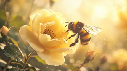 A close-up of a bumblebee landing on a blooming yellow rose, with soft sunlight enhancing the details