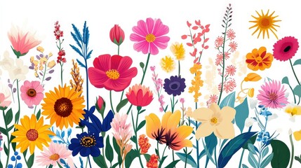 Poster - Vibrant Floral Diversity - Minimalist Vector Illustration of Colorful Roses, Sunflowers, Lilies, and Orchids in 2D Flat Style on White Background