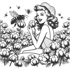 Wall Mural - pin-up girl sitting in a cotton field with bees flying around, styled in a retro 1950s design sketch engraving generative ai vector illustration. Scratch board imitation. Black and white image.