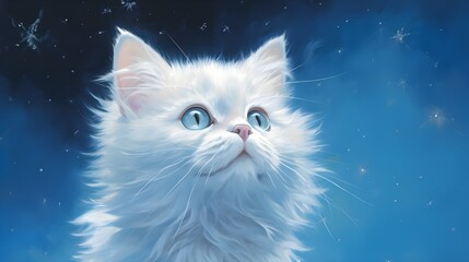 white persian cat on blue background.