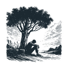 A man sad alone under a big tree. Black white vector illustration.
