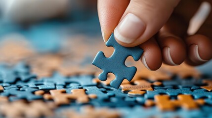 Sticker - A hand holding a piece of puzzle on top of blue pieces, AI