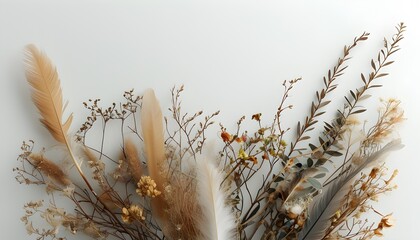 Elegant feather adorned with dry flora and wildflowers against a minimalist plain color background, perfect for creative and serene design elements